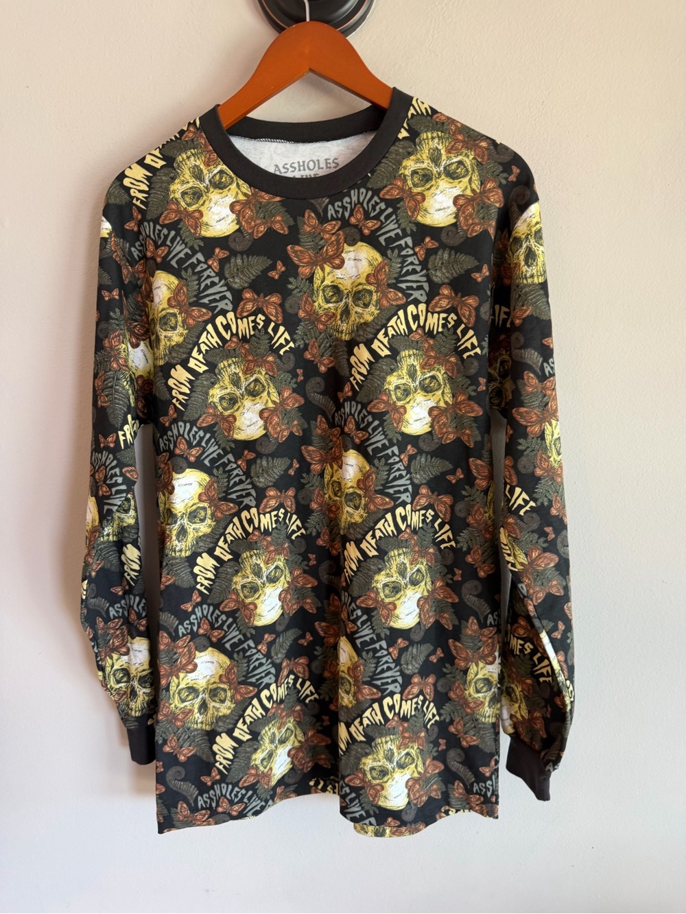 Assholes Live Forever Mens From Death Comes Life Skull Butterfly Long Sleeve Tee